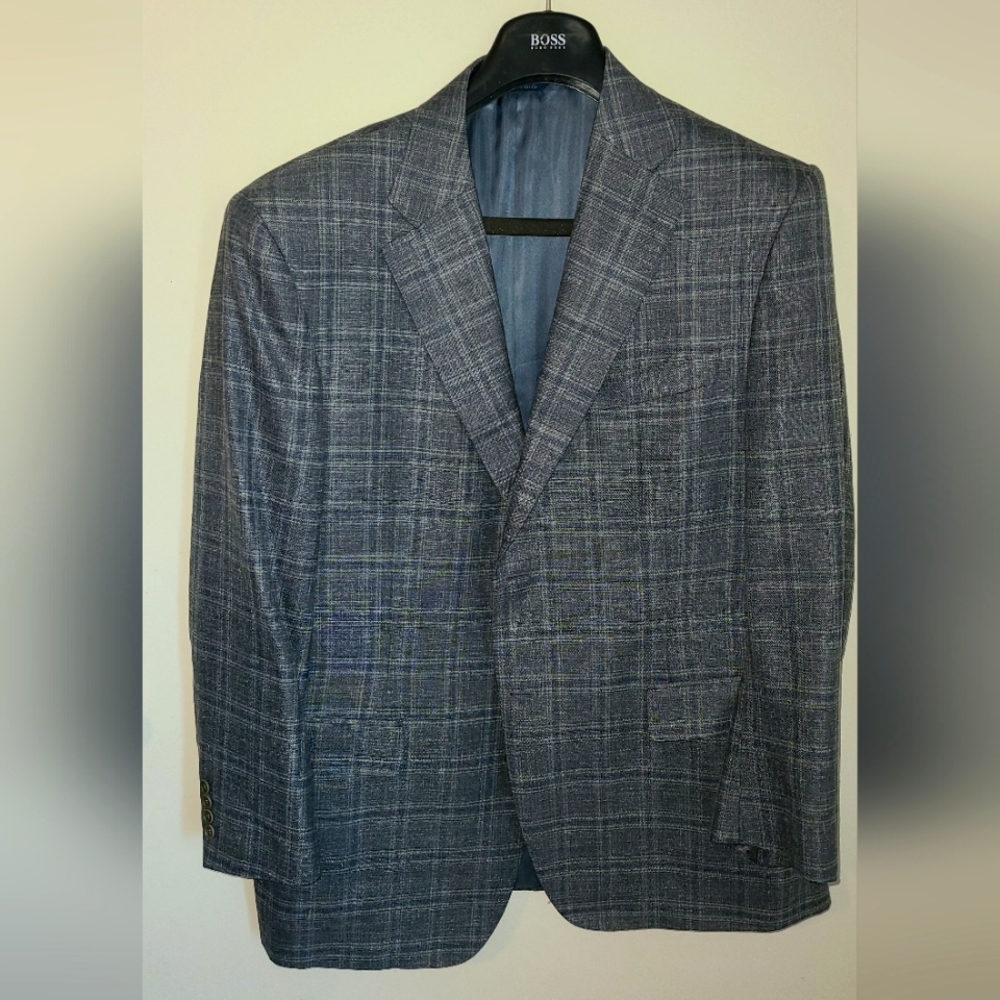 Canali italian suit, 44R, Blue Plaid.